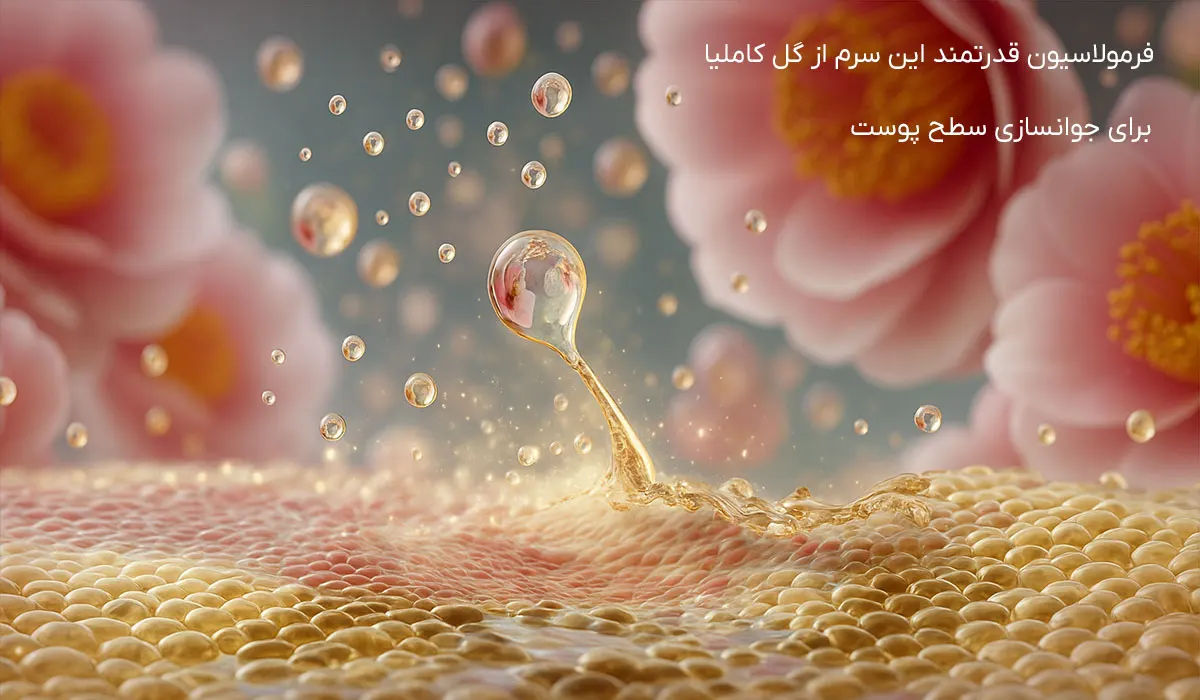 نمای سه‌بعدی و زیبا از نفوذ قطره‌های سرم حاوی عصاره گل کاملیا روی سطح سلول‌های پوست، مرتبط با کنسانتره جوانساز شیسیدو اولتیمون و فناوری اختصاصی Power Fermented Camellia.