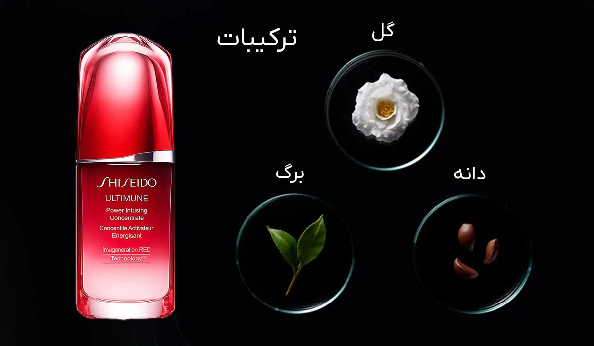 کنسانتره جوانساز شیسیدو اولتیمون و مواد اصلی تشکیل‌دهنده آن شامل گل، برگ و دانه کاملیا، نمایش تصویری عصاره‌های فعال با پس‌زمینه تیره و فرمولاسیون گیاهی تخصصی